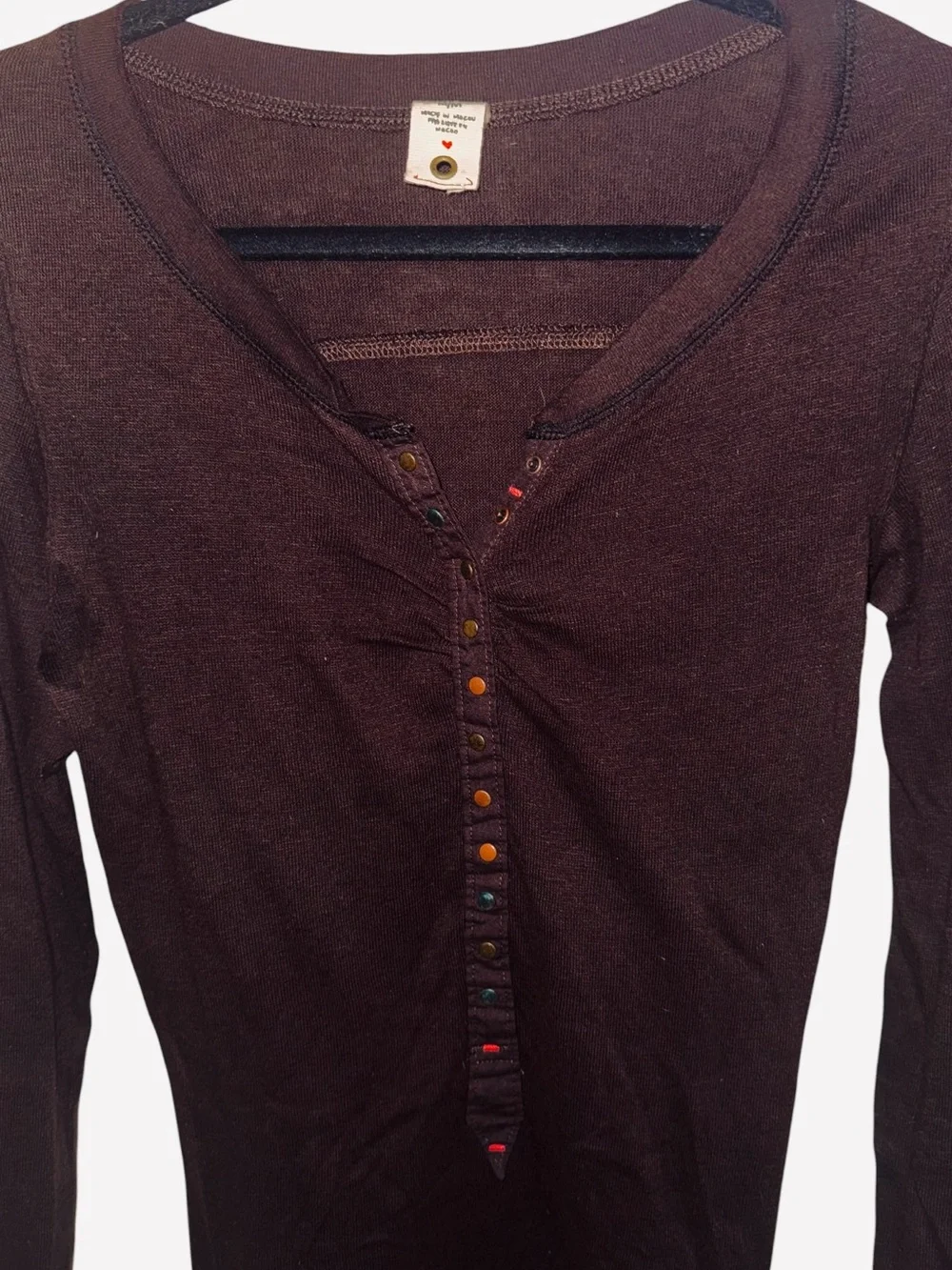 Free People Brown Cotton Henley Top Long Sleeve Snap Front Lightweight Size M